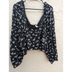 BP Lace Trim Long Sleeve Crop Top Black Floral 3x Plus Size Coquette Smocked NEW